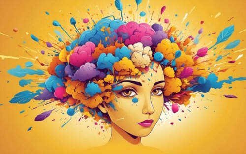 Ein Porträt einer Frau. Ihre Haare sind durch eine Explosion von bunten Blumen und Farbspritzern ersetzt. Die Farben sind lebhaft und reichen von Blau, Lila, Rosa, Orange bis Gelb. Der Hintergrund ist ein einfaches, warmes Gelb, das die Farben der "Haare" hervorhebt. Die Frau hat ein sanftes Gesicht mit feinen Zügen und einem ruhigen, aber intensiven Blick. | © Pixabay/Gerd Altmann