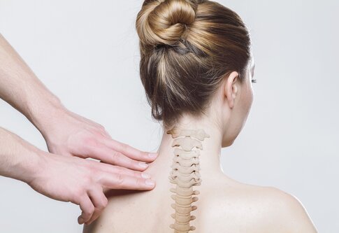 Eine Frau mit Duttfrisur hat ein Modell einer Wirbelsäule entlang ihres Halses und Rückens illustriert; ein Paar Hände berührt sanft ihre Schulter. | © pixabay