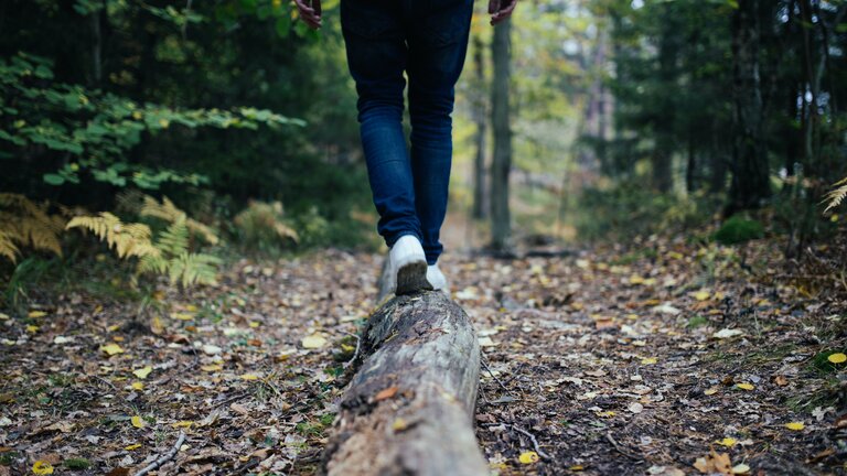 Eine Person balanciert auf einem Baumstamm im Wald. | © Jon Flobrant/unsplash
