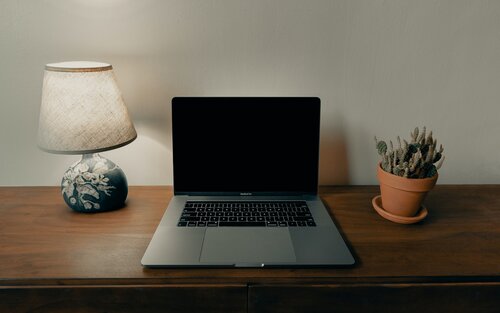 Ein offener Macbook auf einem braunen Tisch zwischen einer leuchtenden Lampe und einer grünen Pflanze.  | © unsplash