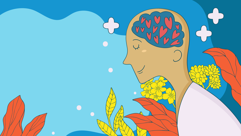 Eine Person ist umgeben von Blumen und Pflanzen. Im Kopf, an der Stelle des Gehirns sieht man viele kleine Herzen. | © EnableMe