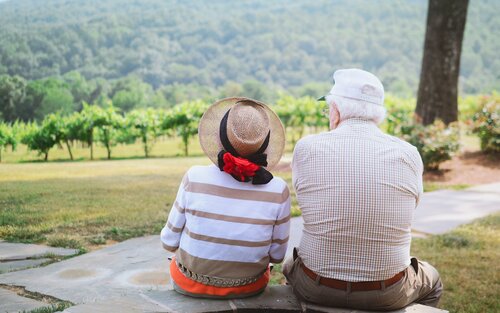 Eine ältere Frau und ein älterer Mann blicken über eine Obstplantage | © Christian Bowen/unsplash