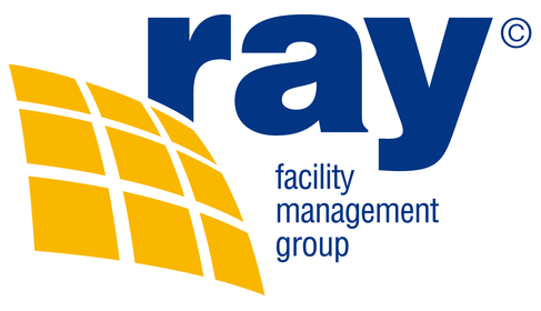 Logo des facility management Unternehmens ray. Dieses besteht aus blauer Schrift und gelben viereckigen Kacheln die in der unteren linken Ecke angeordnet sind. | © Nils Bogdol GmbH