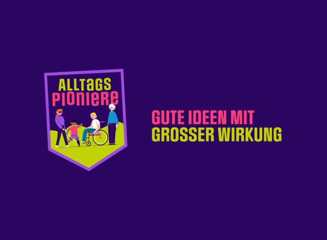 Lila Banner mit dem wappenförmigen Logo der Kampagne Alltagspioniere und dem Schriftzug "Gute Ideen mit großer Wirkung"