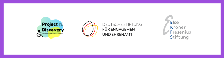 Logos von "Project Discovery", "Deutsche Stiftung für Engagement und Ehrenamt" und "Else Kränder Fresenius Stiftung" in einer Reihe