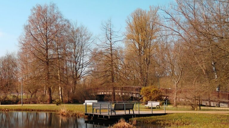 herbstliche Landschaft am See mit Holzbrücke im Hintergrund | © Michael Heck / Pixabay