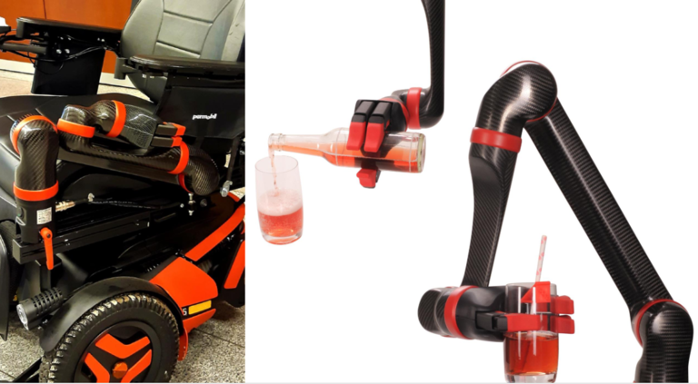 Eine Collage zeit die Verwendung von BATEO, einem schwarz-roten Roboterarm. Auf der linken Seite zeigt ein Bild, wie er zwischen Armlehne und Rad eines Elektrorollstuhls montiert ist. Das Bild auf der rechten Seite zeigt den Greifarm zwei Mal. Links im Bild hält der Roboterarm eine Flasche in der Hand und schenkt Saft in ein Glas. Auf der rechten Seite hält er ein Glas. | © EXXOMOVE UG