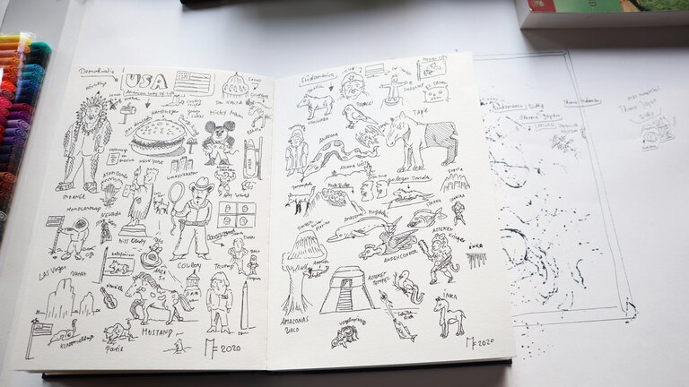 Ein aufgeschlagenes Skizzenbuch mit vielen kleinen Zeichnungen auf einem Tisch. | © kaethe:k Kunsthaus