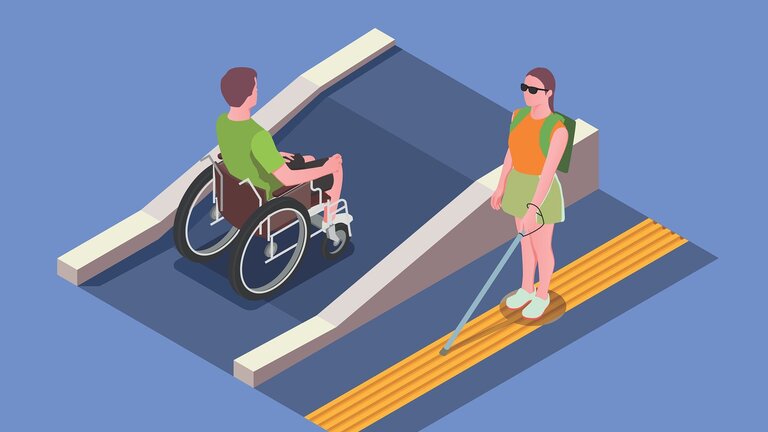 Eine Person im Rollstuhl vor einer Rampe und eine blinde Person mit Blindenstock steht daneben | © pixabay