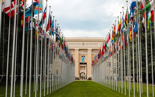 Vor einem Gebäude auf dem "United Nations, Nations unies" stehen in zwei Reihen verschiedene Nationalflaggen. | © Mathias P.R. Reding/ unsplash