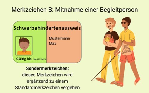 Links ist eine Abbildung eines Schwerbehindertenausweises mit dem Merkzeichen B zu sehen. Rechts eine Grafik von einer männlichen Person mit Langstock, die von einer weiteren Person begleitet wird. | © EnableMe Deutschland / Stiftung MyHandicap gGmbH