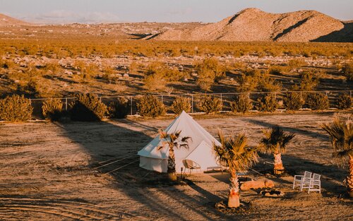 Umgeben von Steppe steht ein weißes Zelt und drei Palmen. Vor dem Zelt stehen Stühle um eine Feuerstelle. Alles ist in goldenes Licht getaucht, als würde die Sonne gerade untergehen. | © Mario Cuadros / Pexels.com