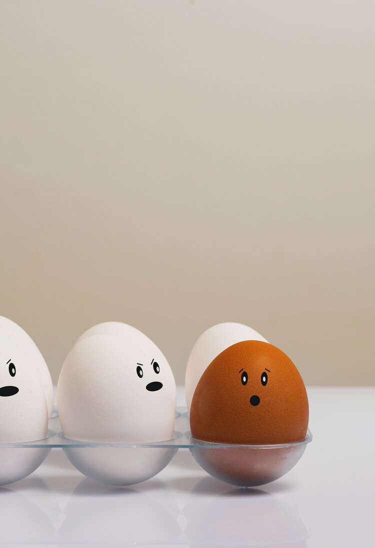Man sieht drei Eier in einem Eierkarton, auf die Gesichter gemalt sind. Die zwei linken Eier sind weiß und schauen entsetzt zu dem rechten Ei, das braun ist. Das braune Ei hat einen erschrockenen Gesichtsausdruck. | © Daniel Reche / Pexels.com