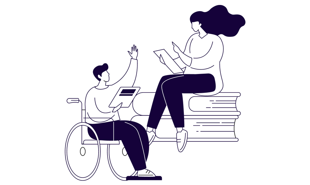 Grafik von zwei Personen, eine sitzt im Rollstuhl, die andere auf einem Stapel Bücher. Sie haben beide ein Dokument in der Hand und sprechen darüber. | © EnableMe