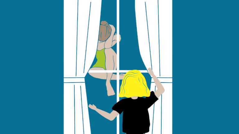 Grafik einer Person, die von aussen durch ein Fenster schaut. Drinnen sitzt eine Frau zusammengesunken auf dem Boden, sie sieht verzweifelt aus. | © Stiftung MyHandicap / EnableMe